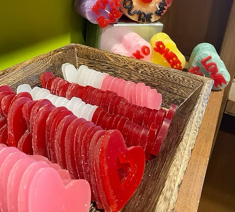 Wax heart pip decorations at Glow Candle Lounge