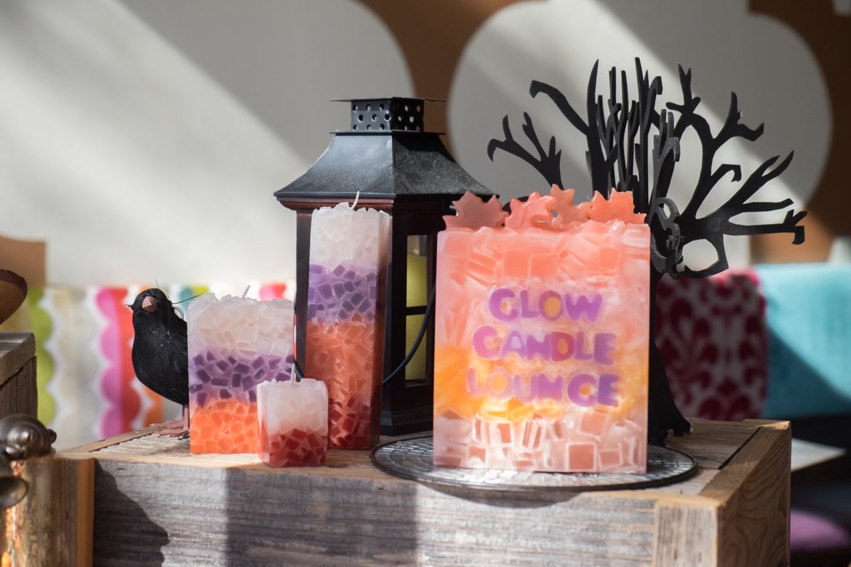 Custom branded candle label at Glow Candle Lounge